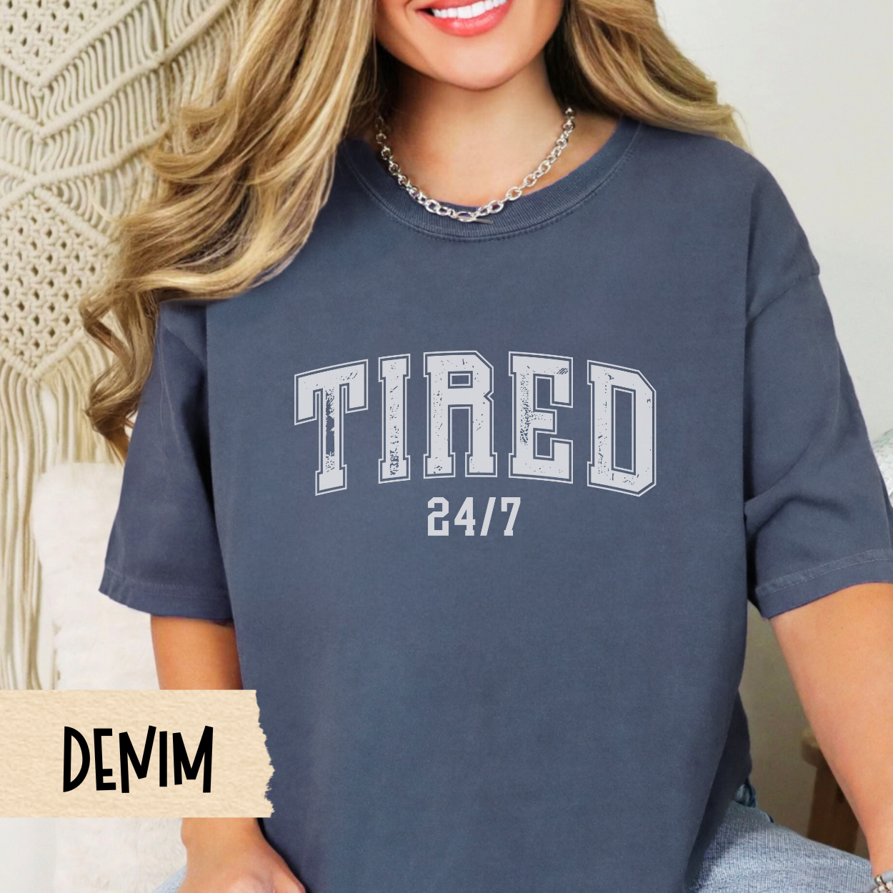 Tired 24/7 shirt, funny mom shirt, varsity aesthetic, exhausted mom life, Comfort Colors, relatable mom gift, Mother's Day gift, cozy mom