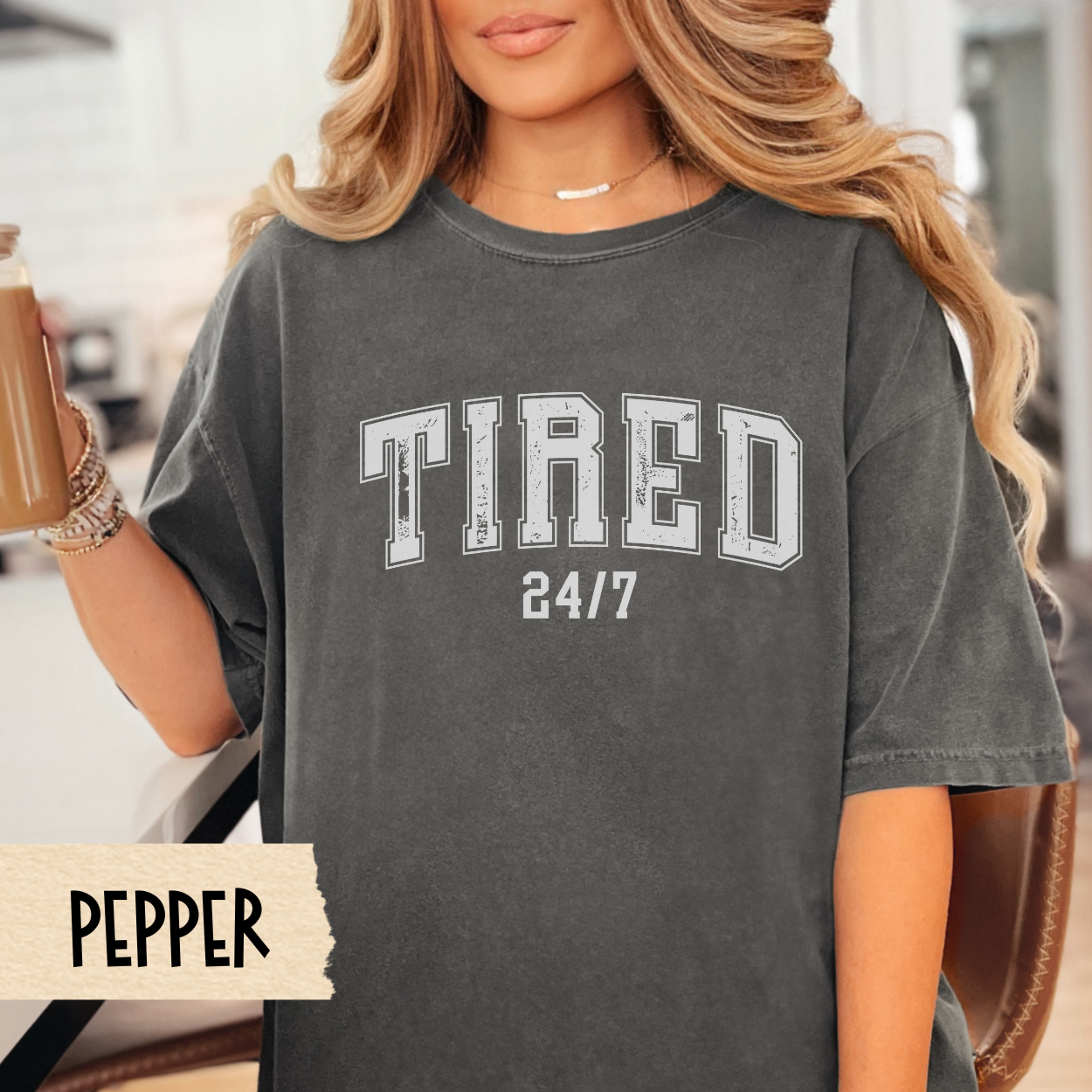 Tired 24/7 shirt, funny mom shirt, varsity aesthetic, exhausted mom life, Comfort Colors, relatable mom gift, Mother's Day gift, cozy mom