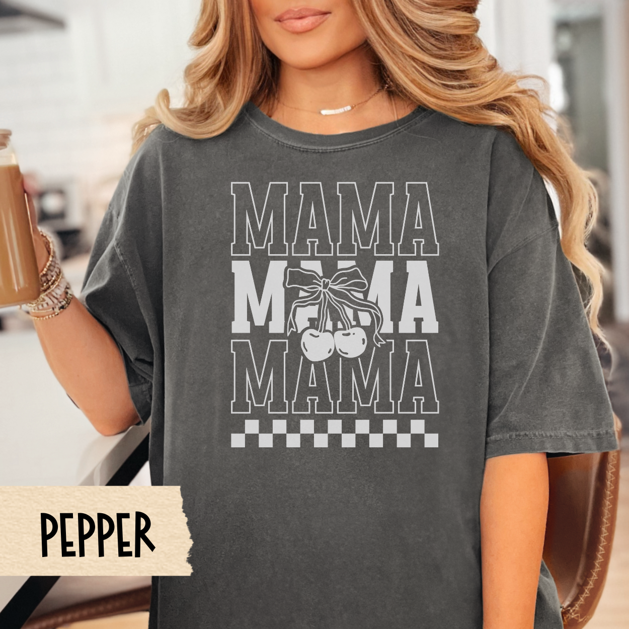 Retro Mama shirt, trendy mom shirt, checkerboard aesthetic, cherry print tee, Comfort Colors, 70s mom shirt, Mother's Day gift, mom life