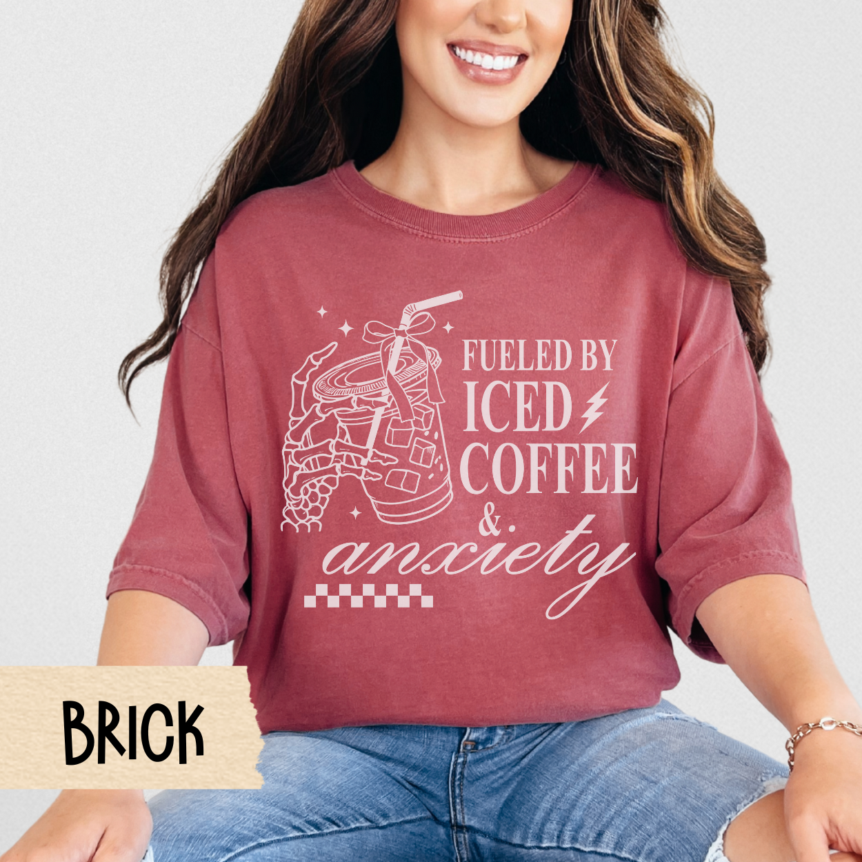 Fueled by Iced Coffee and Anxiety shirt, funny coffee shirt, skeleton coffee, Comfort Colors, caffeine lover gift, mom life, trendy shirt