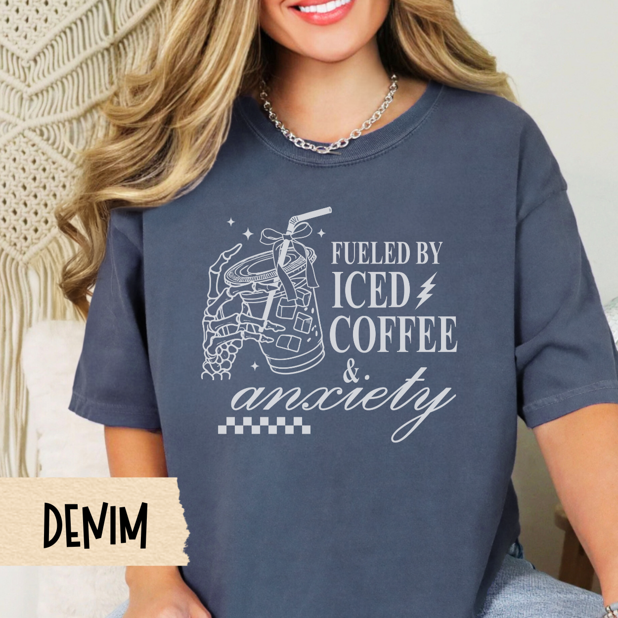 Fueled by Iced Coffee and Anxiety shirt, funny coffee shirt, skeleton coffee, Comfort Colors, caffeine lover gift, mom life, trendy shirt