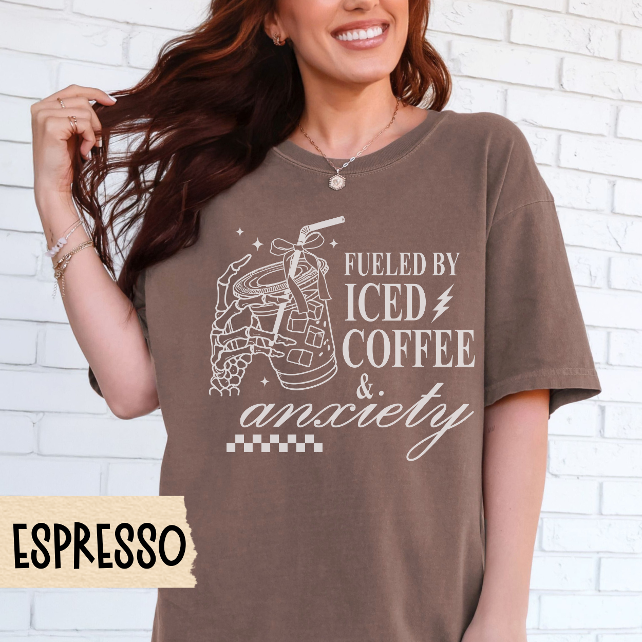 Fueled by Iced Coffee and Anxiety shirt, funny coffee shirt, skeleton coffee, Comfort Colors, caffeine lover gift, mom life, trendy shirt