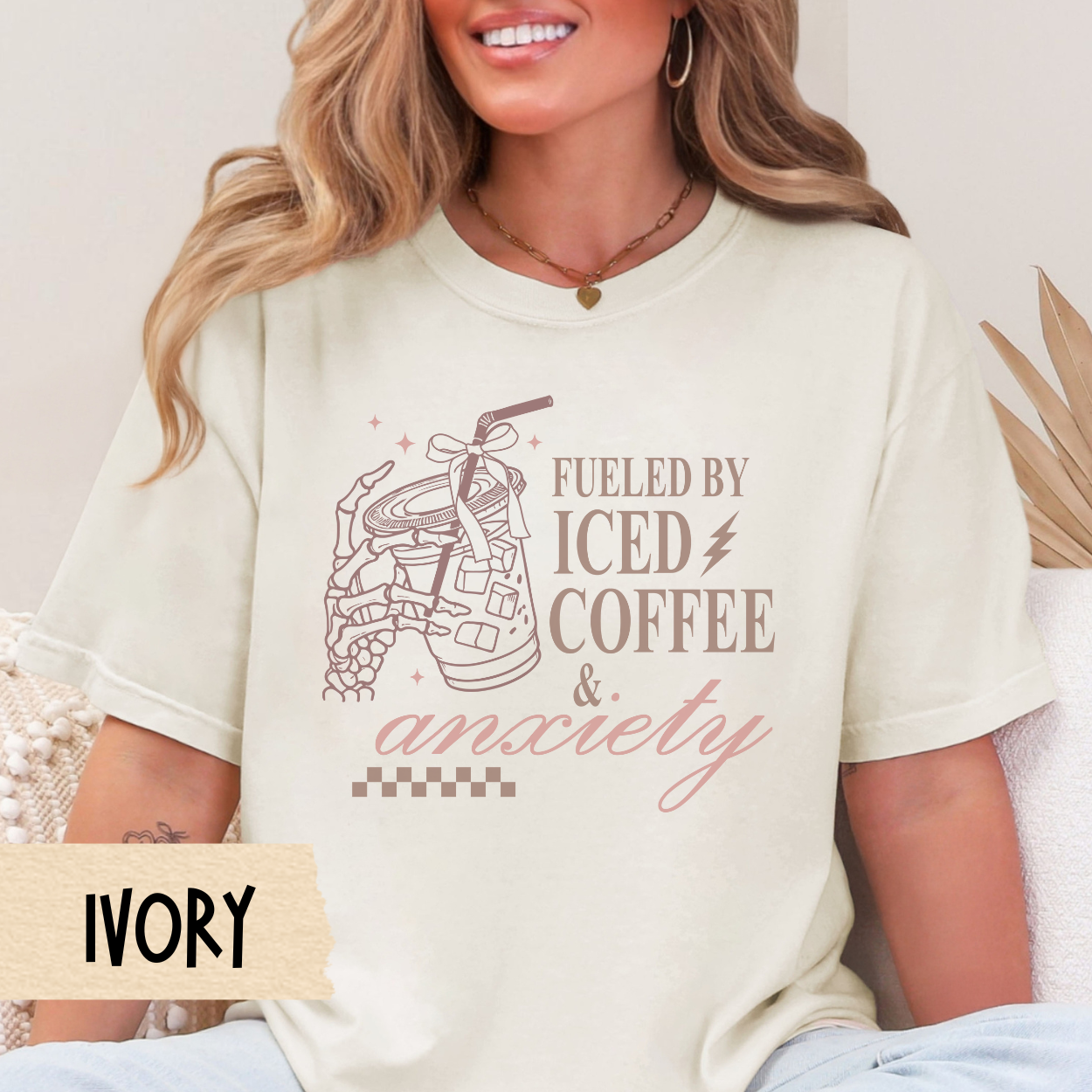 Fueled by Iced Coffee and Anxiety shirt, funny coffee shirt, skeleton coffee, Comfort Colors, caffeine lover gift, mom life, trendy shirt