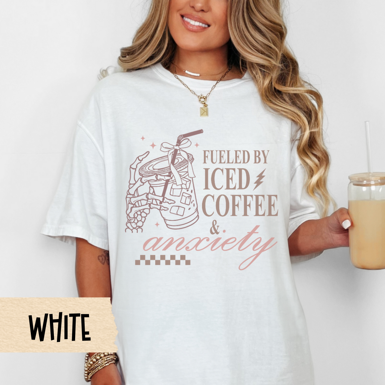 Fueled by Iced Coffee and Anxiety shirt, funny coffee shirt, skeleton coffee, Comfort Colors, caffeine lover gift, mom life, trendy shirt