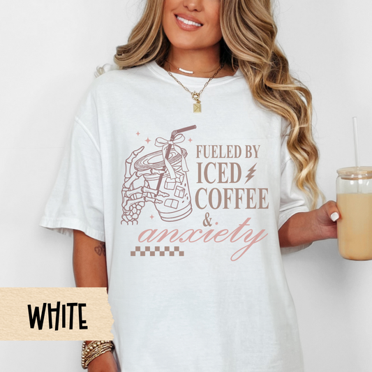 Fueled by Iced Coffee and Anxiety shirt, funny coffee shirt, skeleton coffee, Comfort Colors, caffeine lover gift, mom life, trendy shirt