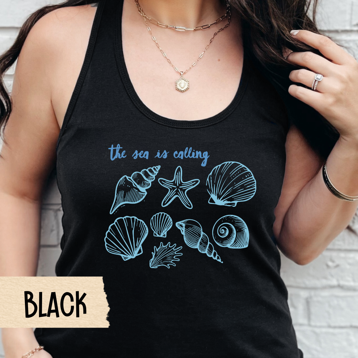 The Sea is Calling Tank, Beach Tank Top, Seashell Shirt, Vacation Outfit, Summer Tank, Coastal Shirt, Womens Racerback, Cute Beachwear