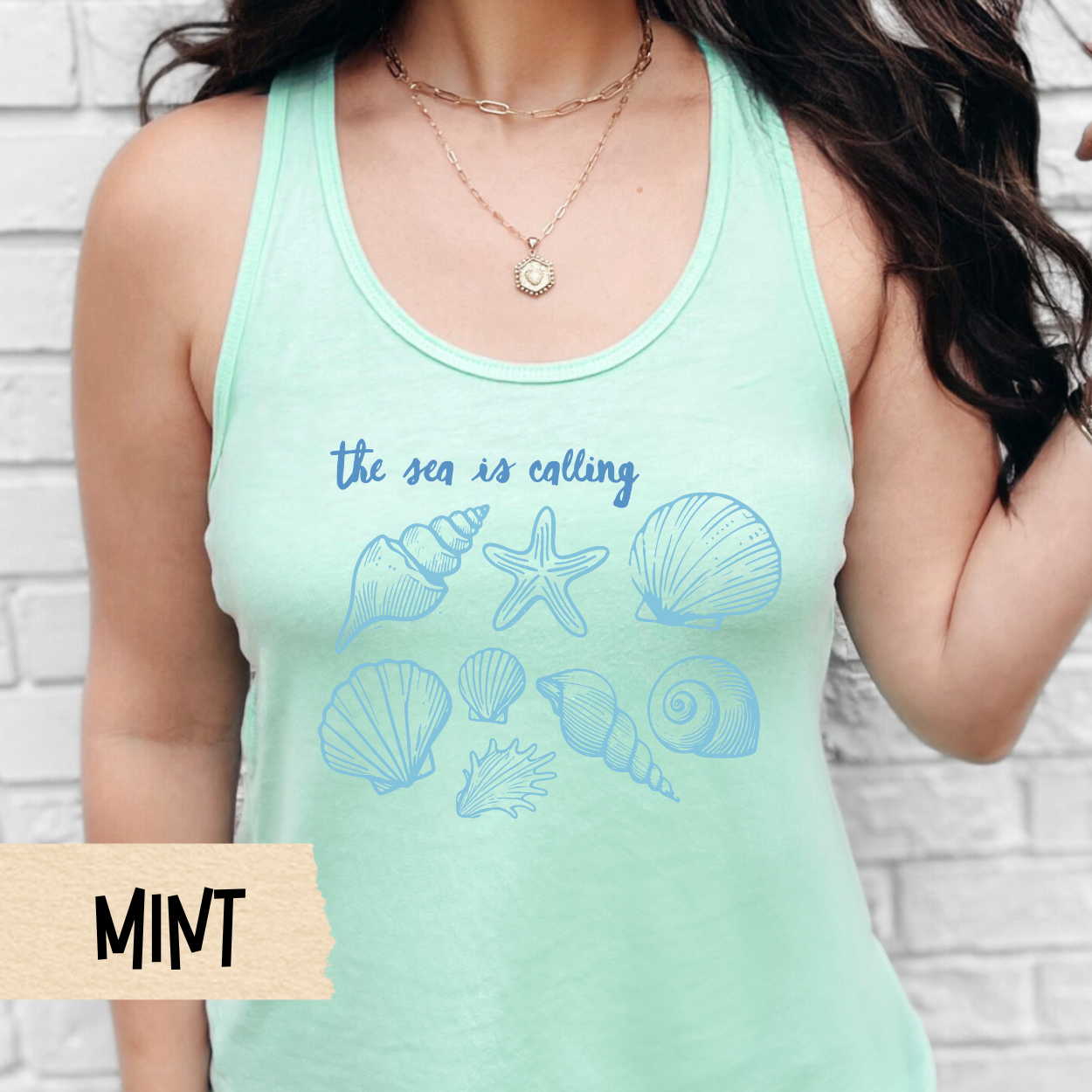 The Sea is Calling Tank, Beach Tank Top, Seashell Shirt, Vacation Outfit, Summer Tank, Coastal Shirt, Womens Racerback, Cute Beachwear