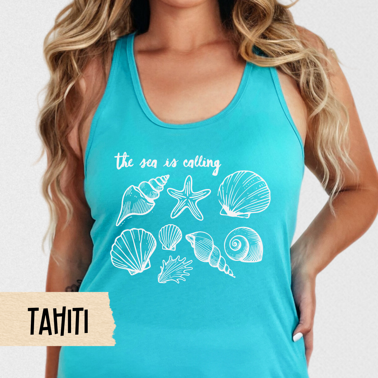 The Sea is Calling Tank, Beach Tank Top, Seashell Shirt, Vacation Outfit, Summer Tank, Coastal Shirt, Womens Racerback, Cute Beachwear