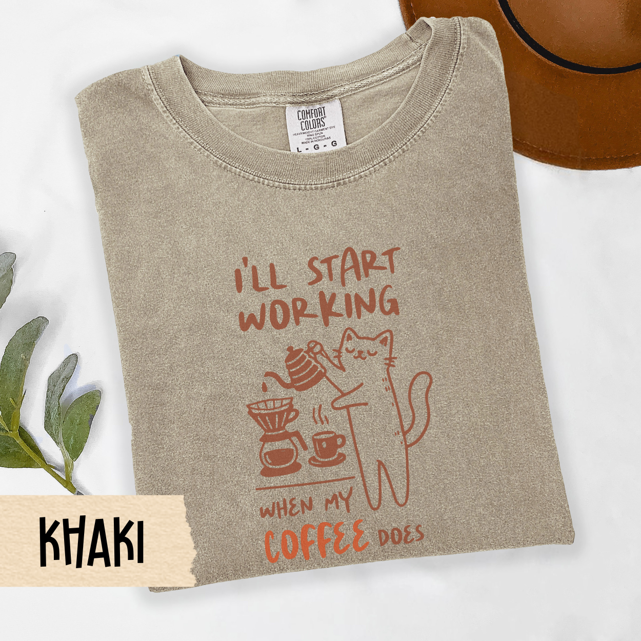 cat coffee shirt, funny coffee lover tee, I'll start working shirt, caffeine cat shirt, lazy morning tee, Comfort Colors coffee top