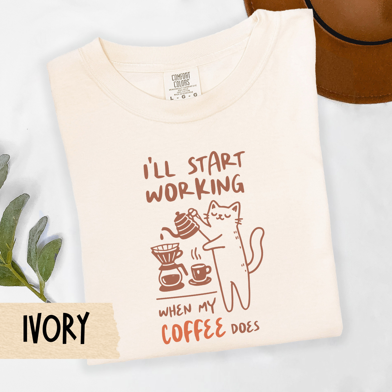 cat coffee shirt, funny coffee lover tee, I'll start working shirt, caffeine cat shirt, lazy morning tee, Comfort Colors coffee top