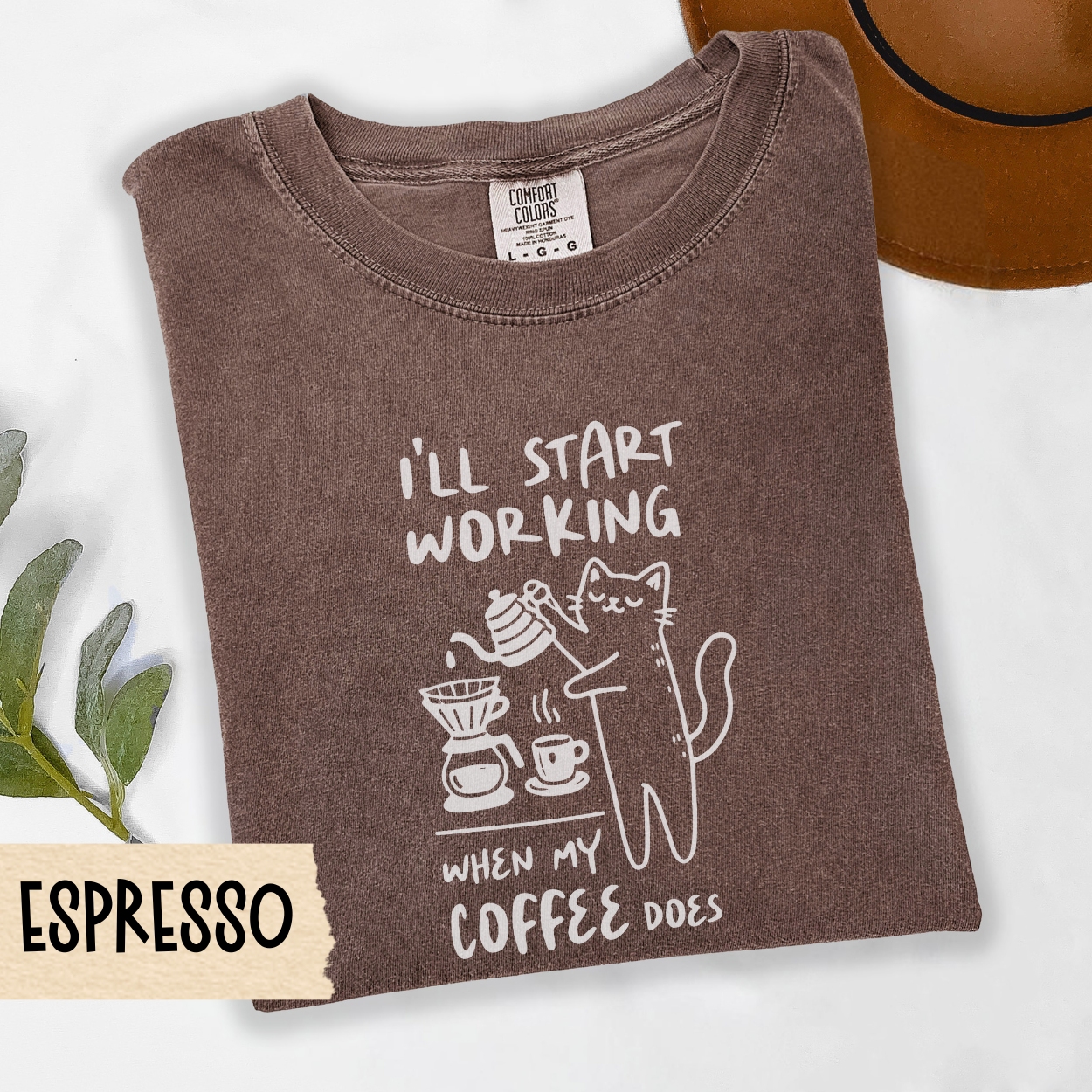 cat coffee shirt, funny coffee lover tee, I'll start working shirt, caffeine cat shirt, lazy morning tee, Comfort Colors coffee top