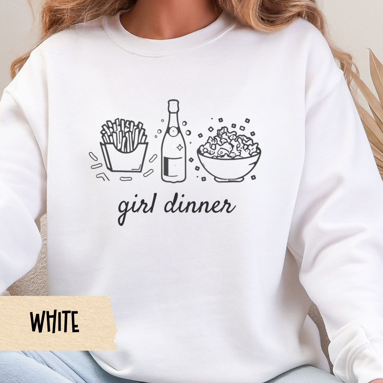 Girl Dinner Sweatshirt – Funny Foodie Crewneck with French Fries, Prosecco & Caesar Salad – Gildan 18000 Unisex Pullover