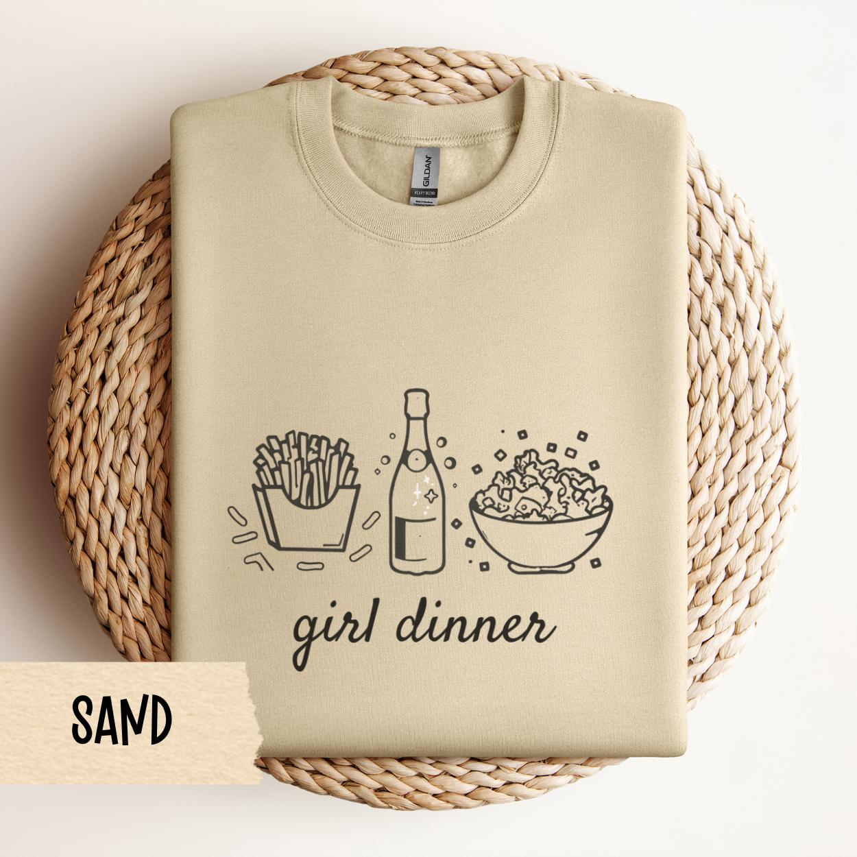 Girl Dinner Sweatshirt – Funny Foodie Crewneck with French Fries, Prosecco & Caesar Salad – Gildan 18000 Unisex Pullover
