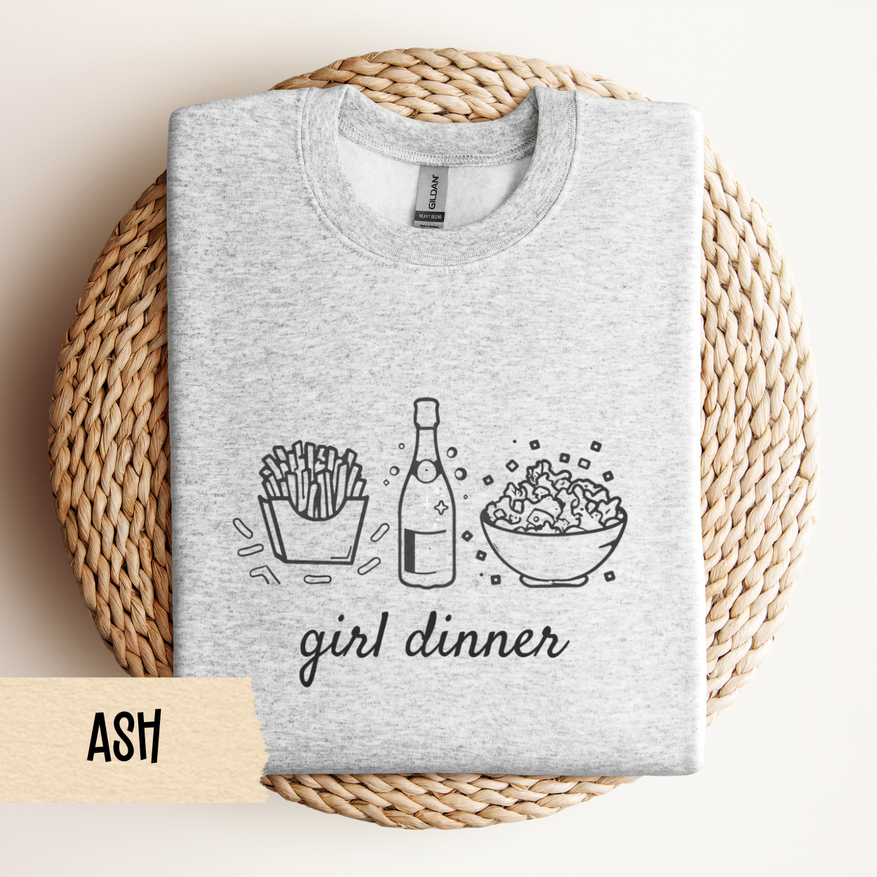 Girl Dinner Sweatshirt – Funny Foodie Crewneck with French Fries, Prosecco & Caesar Salad – Gildan 18000 Unisex Pullover