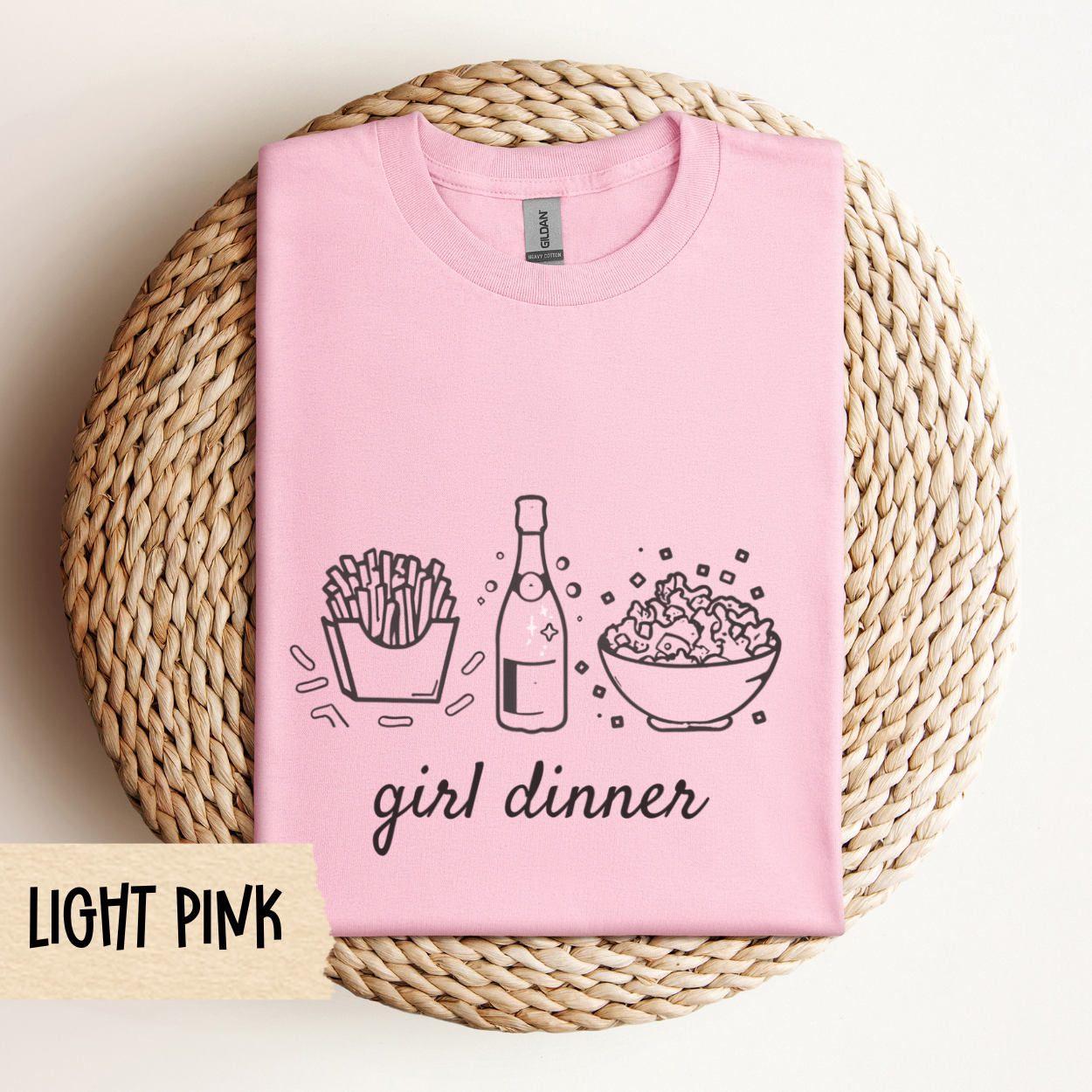 Girl Dinner Sweatshirt – Funny Foodie Crewneck with French Fries, Prosecco & Caesar Salad – Gildan 18000 Unisex Pullover