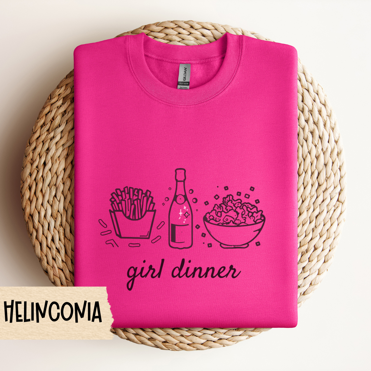 Girl Dinner Sweatshirt – Funny Foodie Crewneck with French Fries, Prosecco & Caesar Salad – Gildan 18000 Unisex Pullover