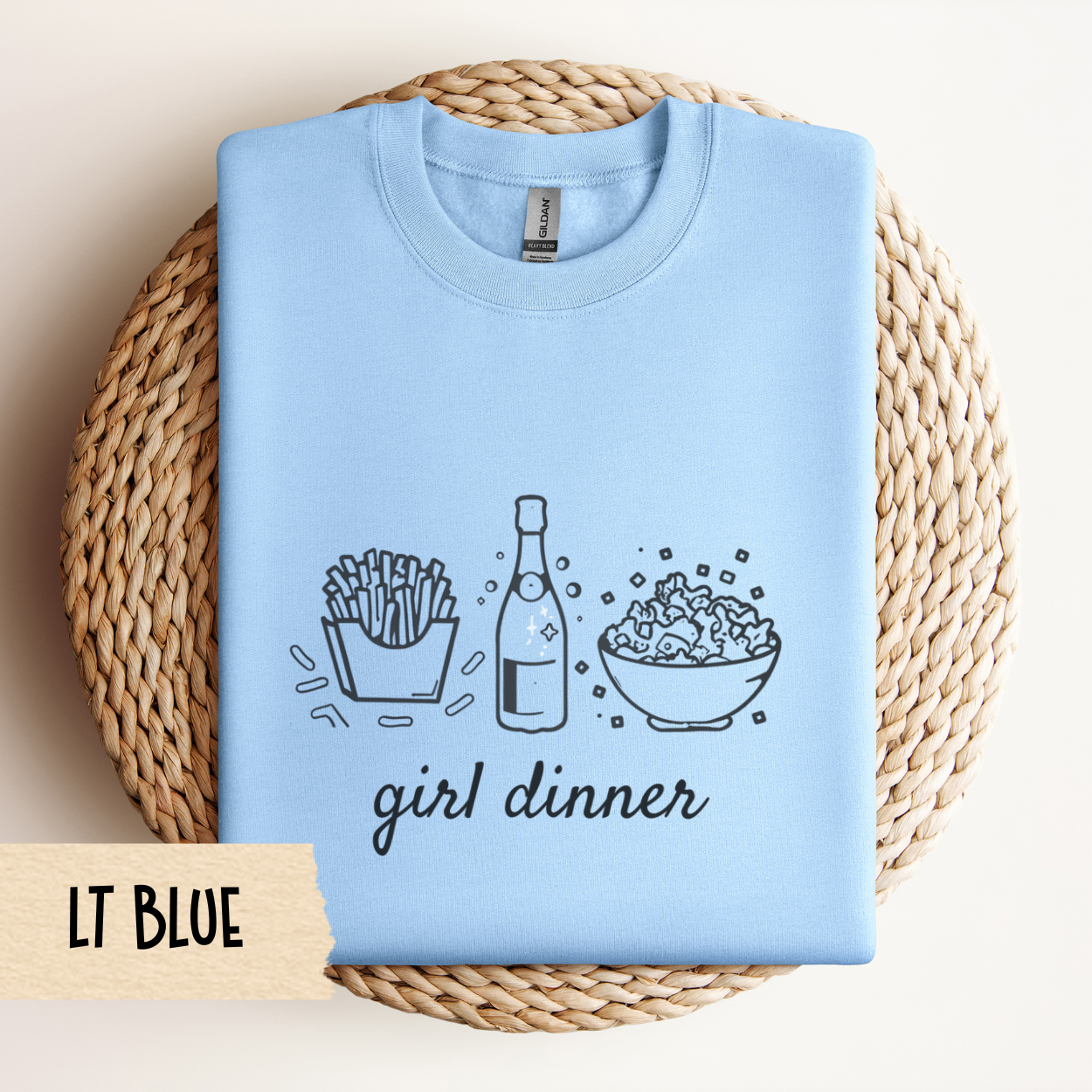 Girl Dinner Sweatshirt – Funny Foodie Crewneck with French Fries, Prosecco & Caesar Salad – Gildan 18000 Unisex Pullover
