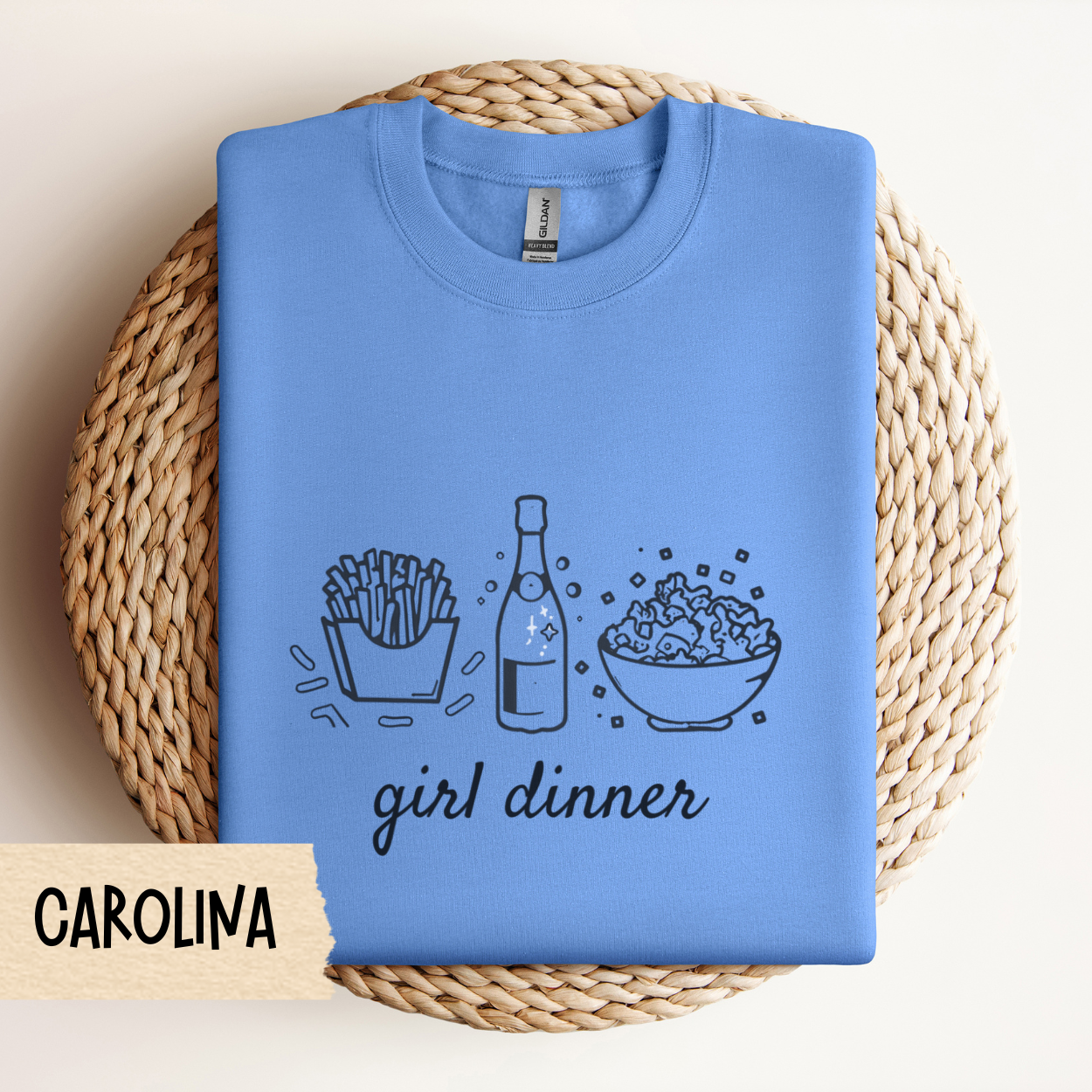 Girl Dinner Sweatshirt – Funny Foodie Crewneck with French Fries, Prosecco & Caesar Salad – Gildan 18000 Unisex Pullover