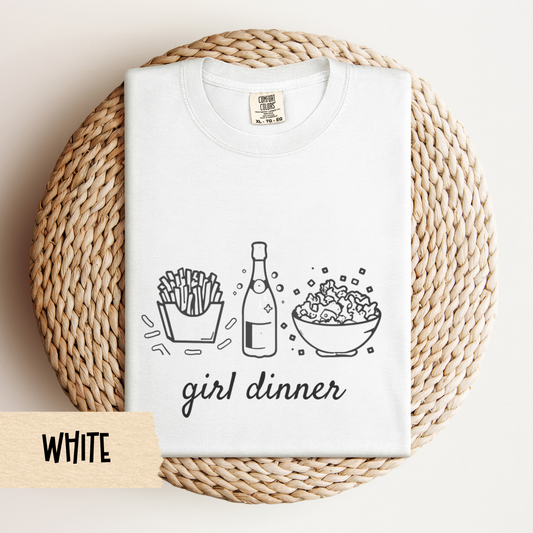 Girl Dinner Comfort Colors T-Shirt – Funny Foodie Tee with French Fries, Prosecco & Caesar Salad – Trendy Oversized Graphic Tee