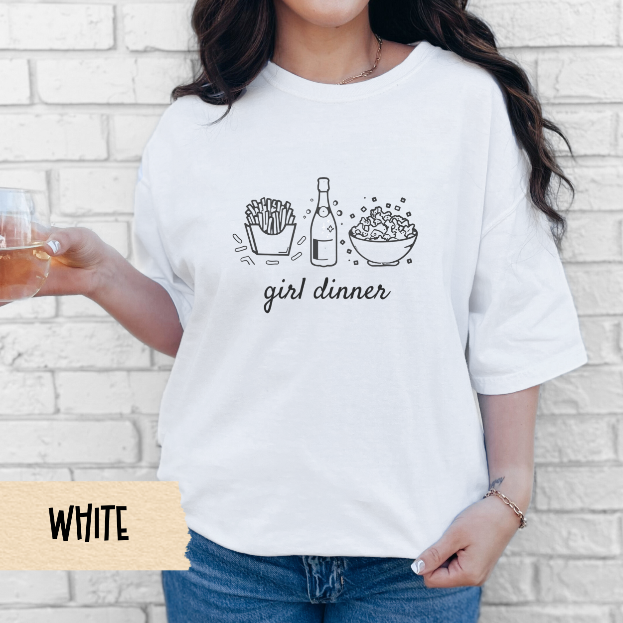 Girl Dinner Comfort Colors T-Shirt – Funny Foodie Tee with French Fries, Prosecco & Caesar Salad – Trendy Oversized Graphic Tee
