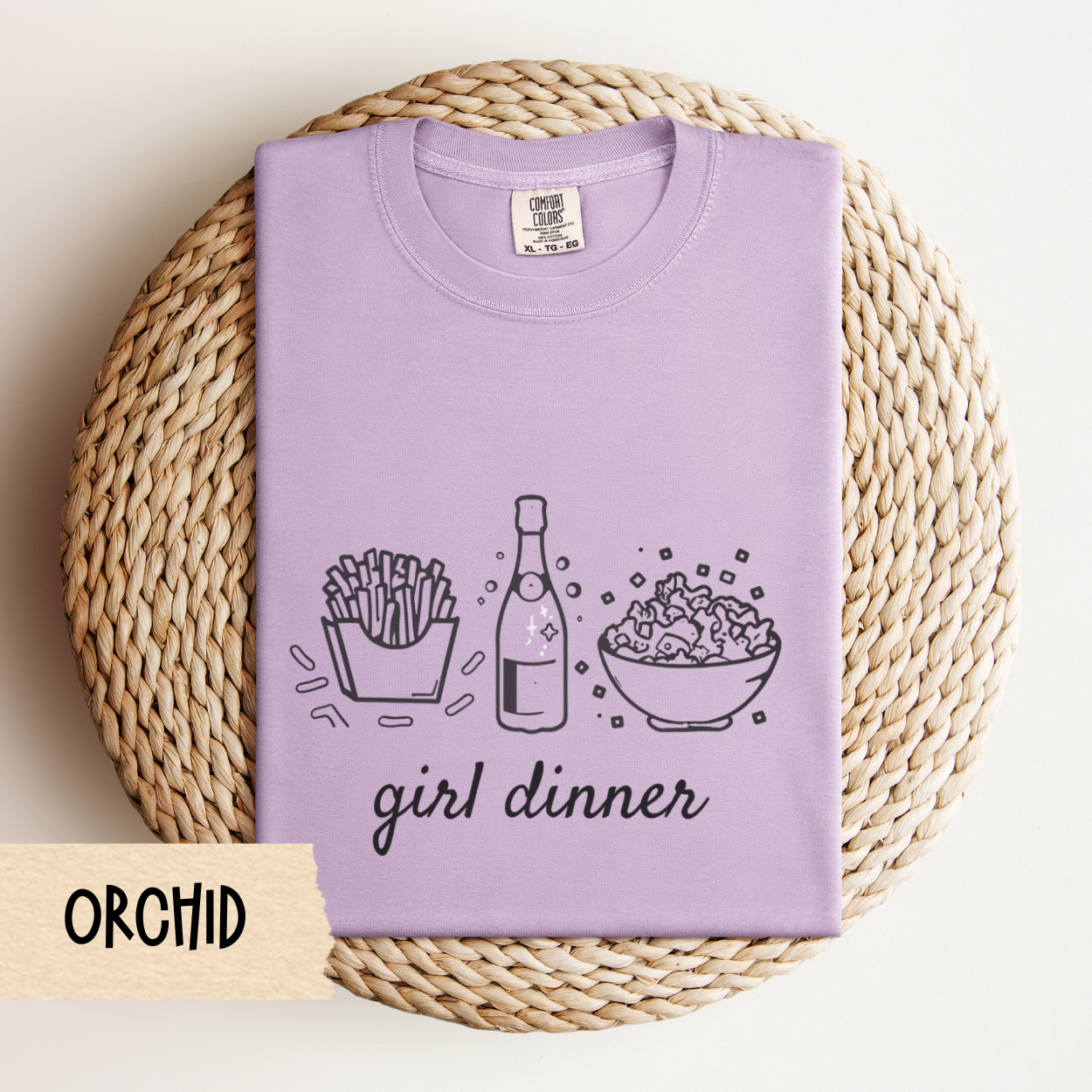 Girl Dinner Comfort Colors T-Shirt – Funny Foodie Tee with French Fries, Prosecco & Caesar Salad – Trendy Oversized Graphic Tee