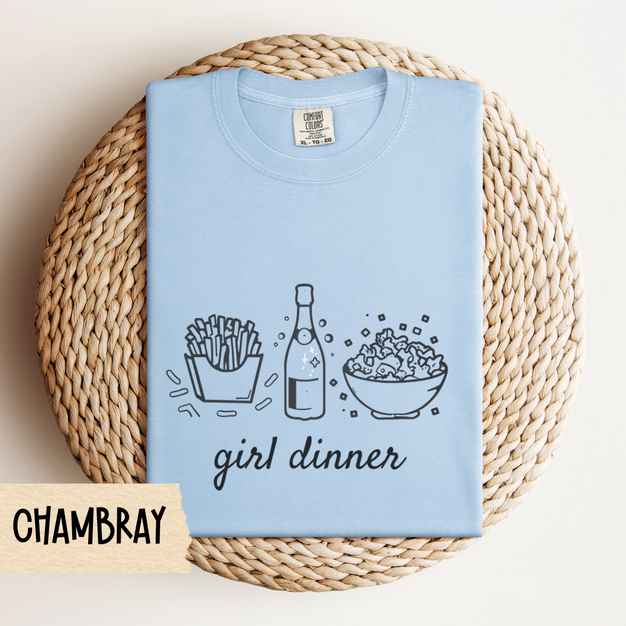 Girl Dinner Comfort Colors T-Shirt – Funny Foodie Tee with French Fries, Prosecco & Caesar Salad – Trendy Oversized Graphic Tee