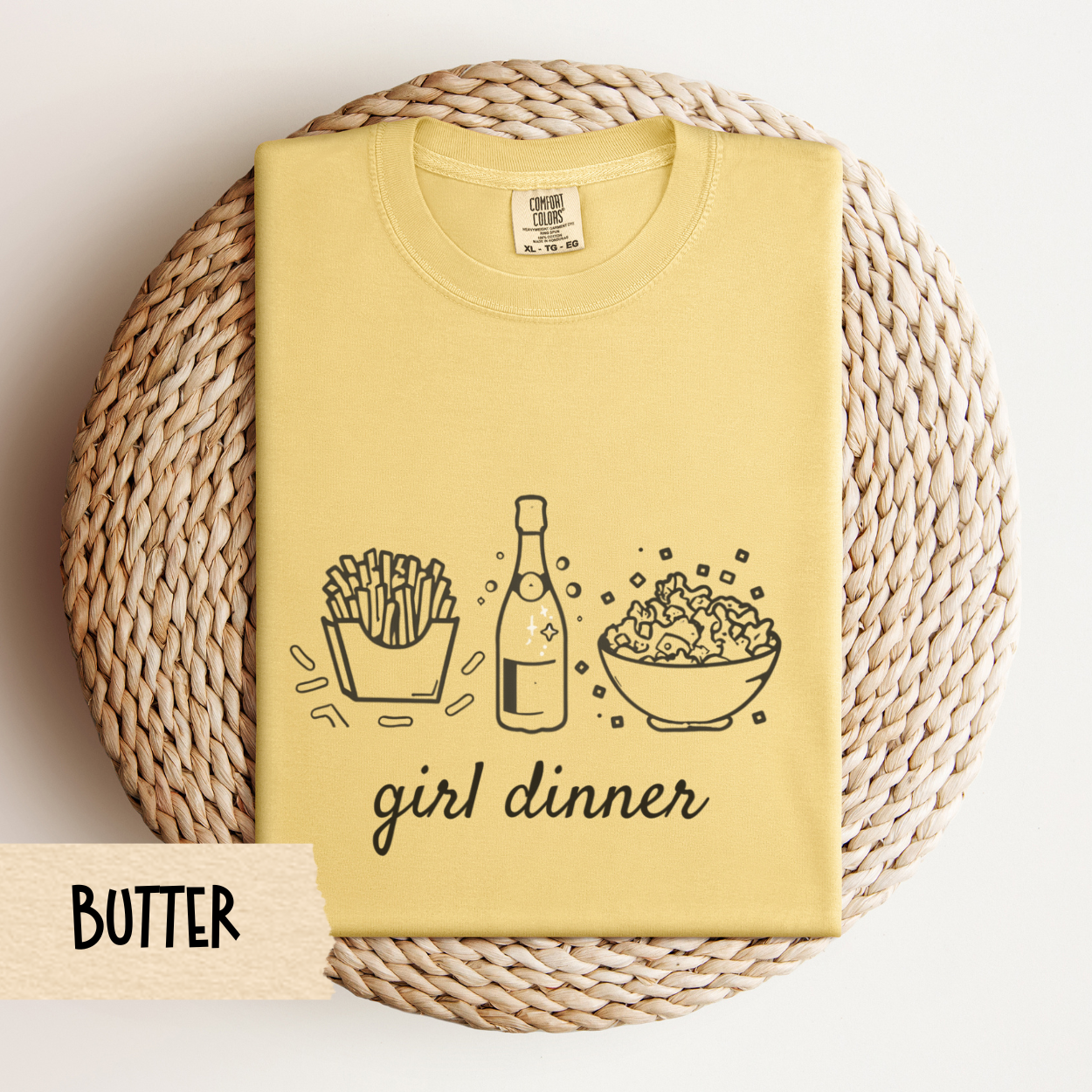 Girl Dinner Comfort Colors T-Shirt – Funny Foodie Tee with French Fries, Prosecco & Caesar Salad – Trendy Oversized Graphic Tee