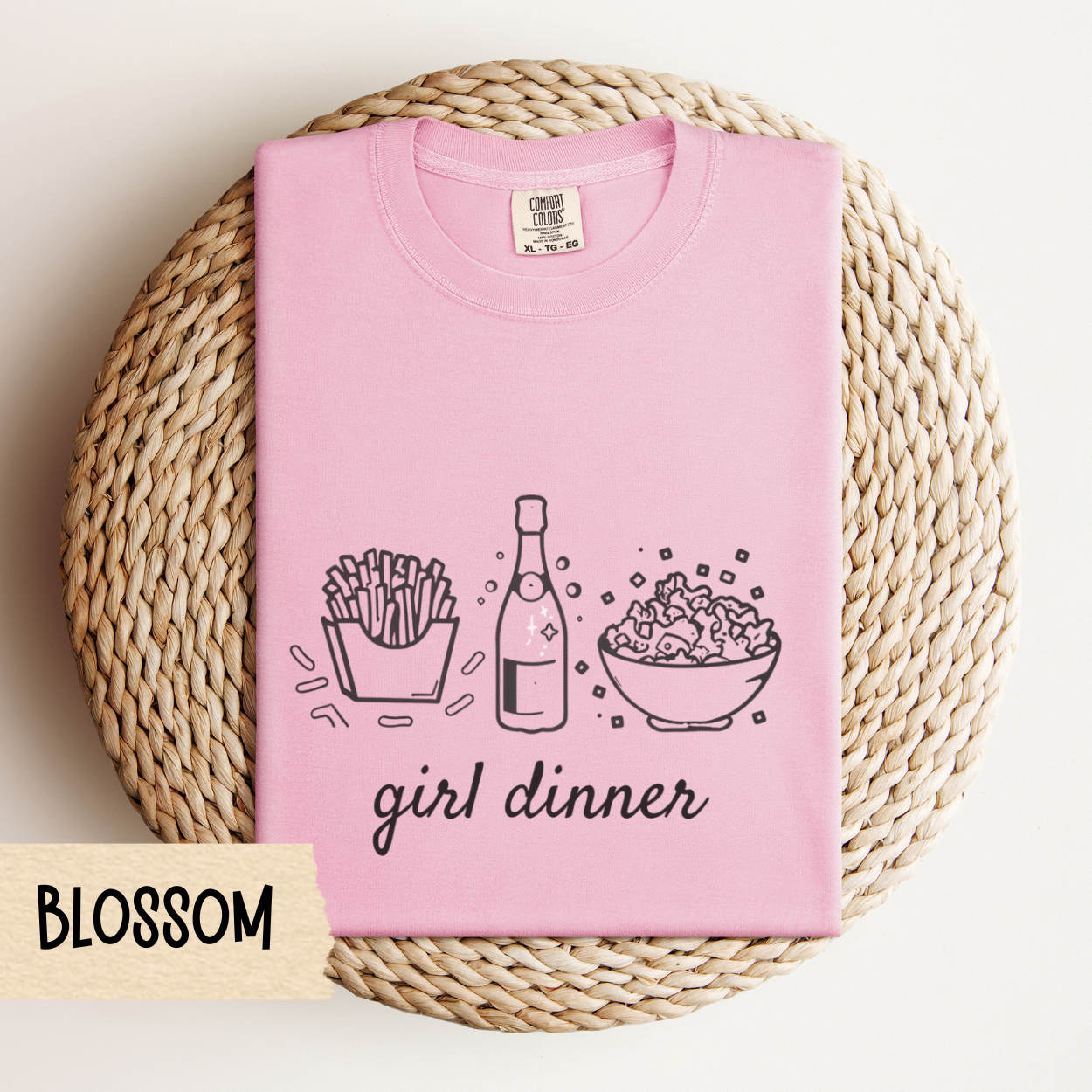 Girl Dinner Comfort Colors T-Shirt – Funny Foodie Tee with French Fries, Prosecco & Caesar Salad – Trendy Oversized Graphic Tee