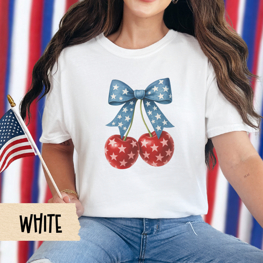 Cherry 4th of July Shirt , Coquette Aesthetic, Comfort Colors, USA Tee with Bow, Cute Patriotic Summer, Vintage Style Graphic Tee