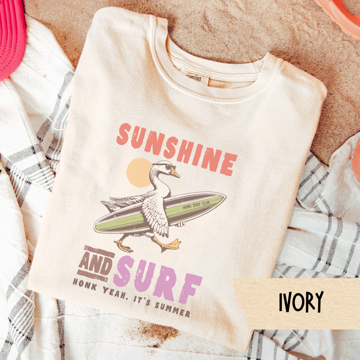 Sunshine and Surf Goose Shirt, Honk Yeah Its Summer Tee, Funny Surfing Goose TShirt, Beach Vacation Graphic Tee, Animal Humor Shirt