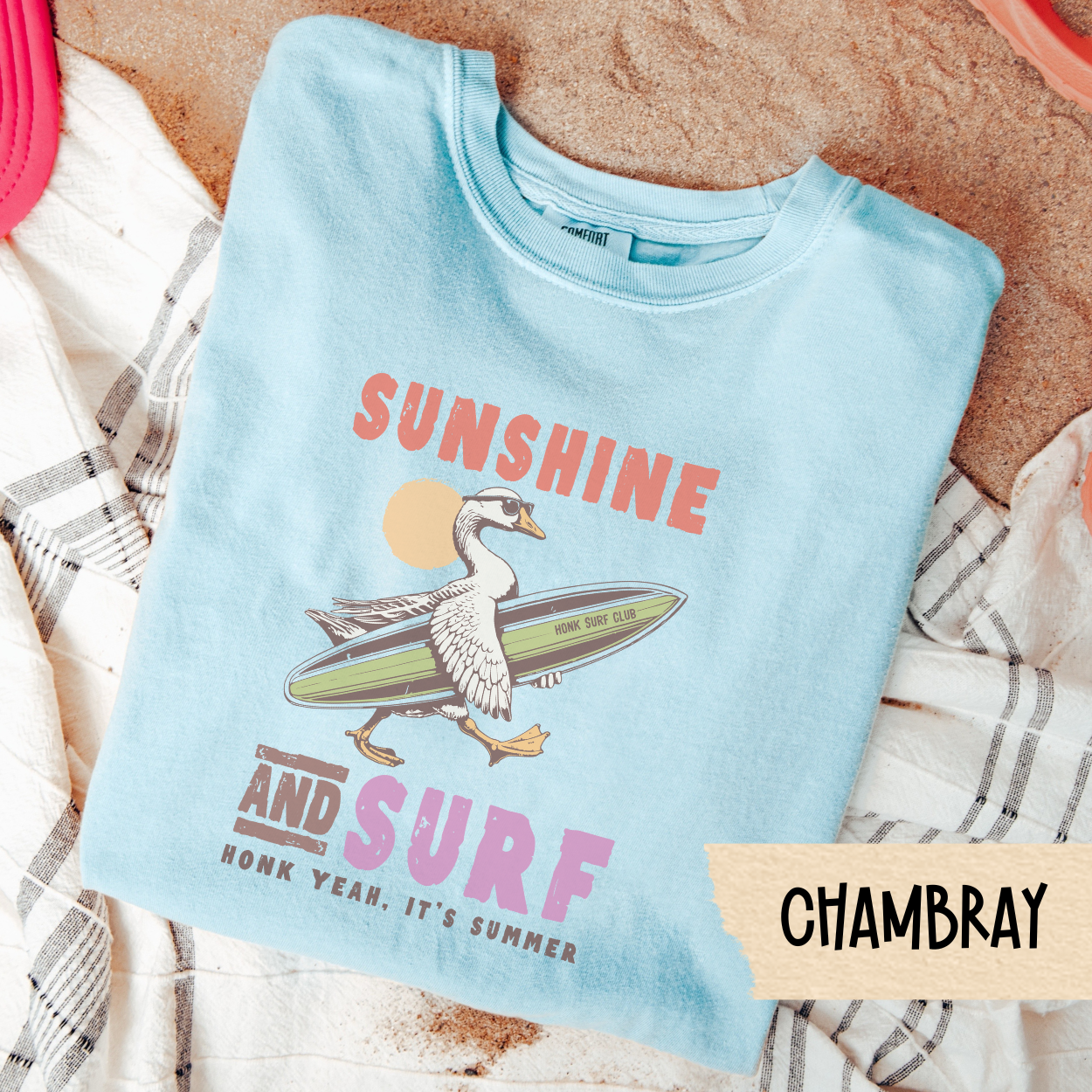 Sunshine and Surf Goose Shirt, Honk Yeah Its Summer Tee, Funny Surfing Goose TShirt, Beach Vacation Graphic Tee, Animal Humor Shirt