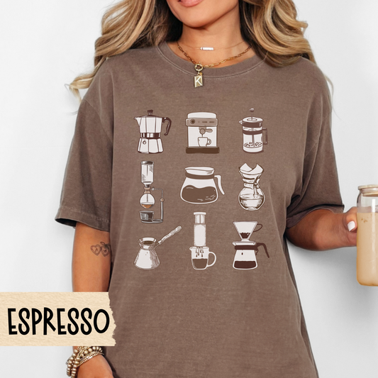 Coffee T-Shirt, Coffee Lovers Tee, Coffee Brewing Methods Shirt, Barista Aesthetic Tee, Coffee Maker Graphic Tee, Comfort Colors Espresso