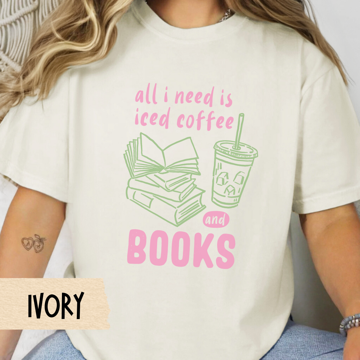 iced coffee and books t-shirt for girls, pink and green bookish aesthetic tee, comfort colors reader shirt, casual lifestyle reader top