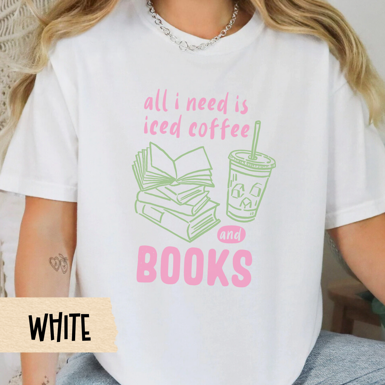 iced coffee and books t-shirt for girls, pink and green bookish aesthetic tee, comfort colors reader shirt, casual lifestyle reader top