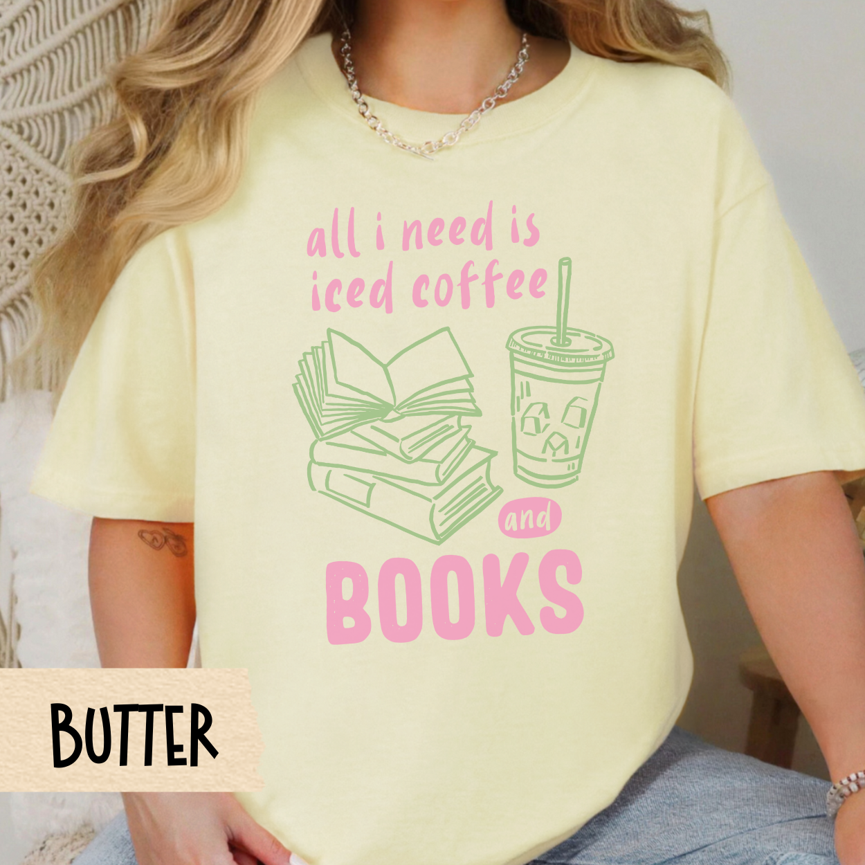 iced coffee and books t-shirt for girls, pink and green bookish aesthetic tee, comfort colors reader shirt, casual lifestyle reader top