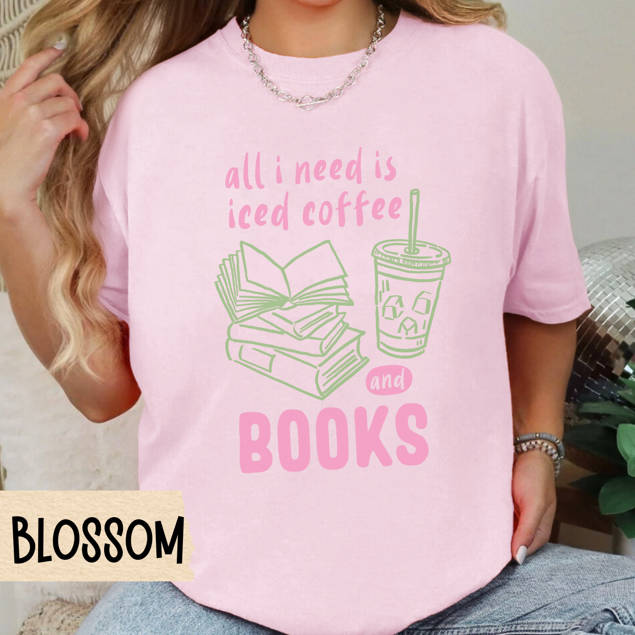 iced coffee and books t-shirt for girls, pink and green bookish aesthetic tee, comfort colors reader shirt, casual lifestyle reader top