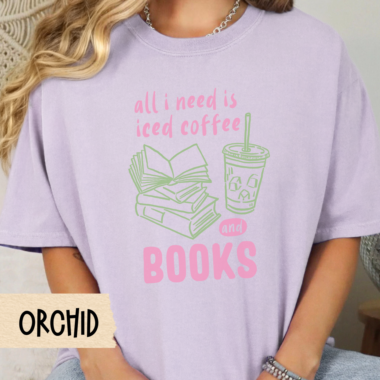iced coffee and books t-shirt for girls, pink and green bookish aesthetic tee, comfort colors reader shirt, casual lifestyle reader top