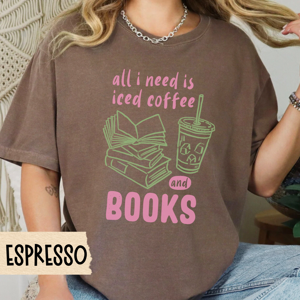 iced coffee and books t-shirt for girls, pink and green bookish aesthetic tee, comfort colors reader shirt, casual lifestyle reader top