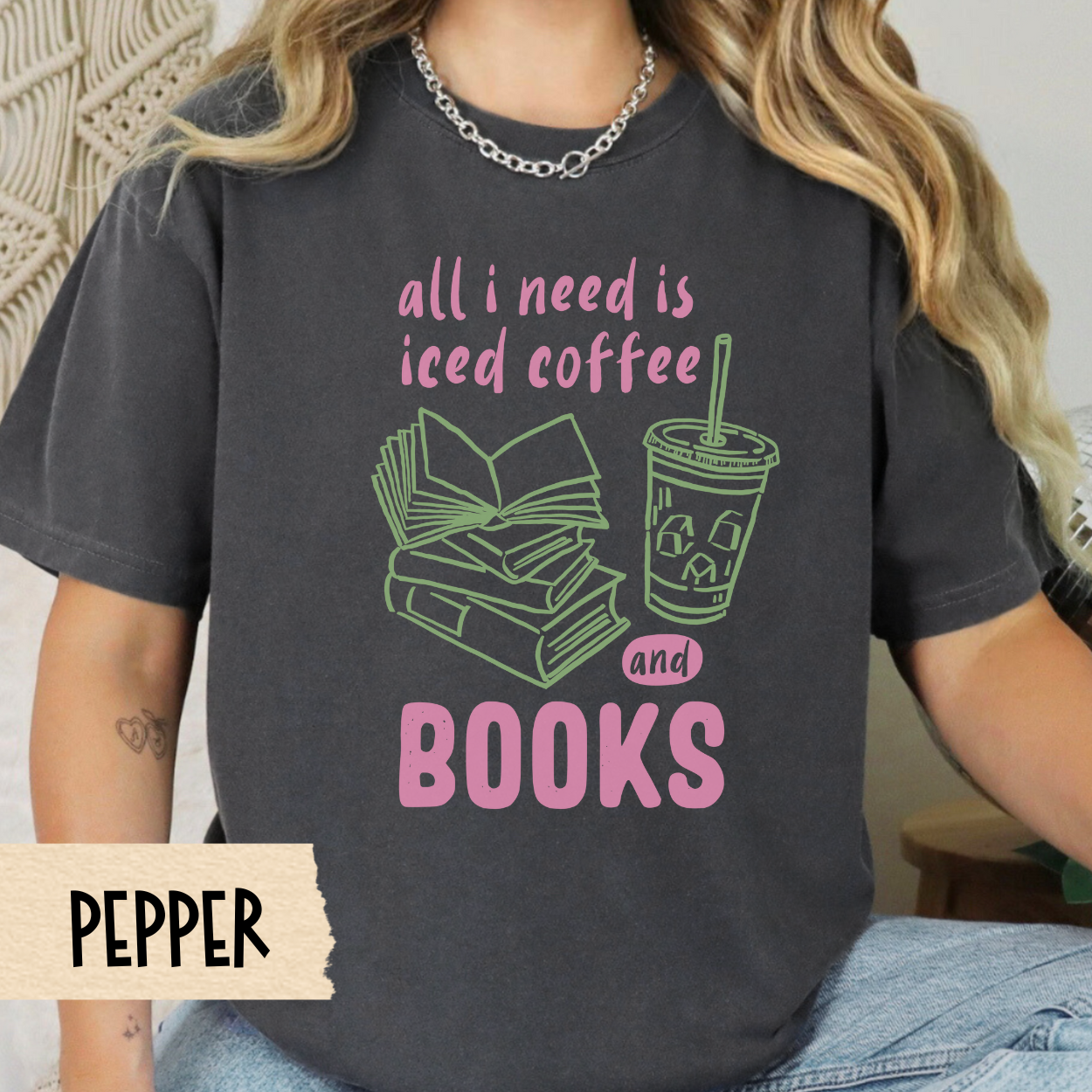 iced coffee and books t-shirt for girls, pink and green bookish aesthetic tee, comfort colors reader shirt, casual lifestyle reader top