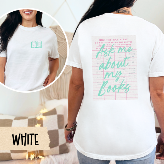 book conversation starter tee, pastel bookish t-shirt, ask me about my books shirt, white aesthetic reader top, vintage library card tee