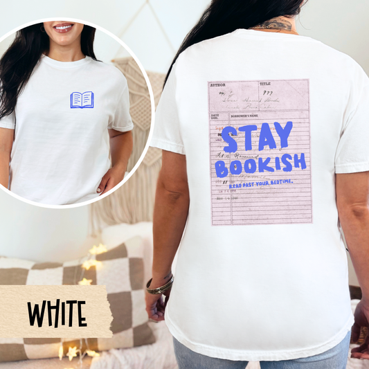 cute book lover tee, aesthetic reader shirt, stay bookish graphic top, white cozy bookworm t-shirt, vintage inspired library design