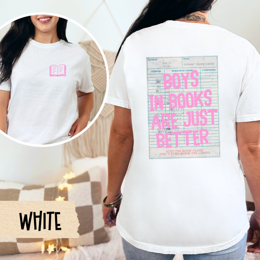 romantic bookish shirt, pink reader graphic tee, boys in books shirt for her, cute book lover gift, white aesthetic reading t-shirt