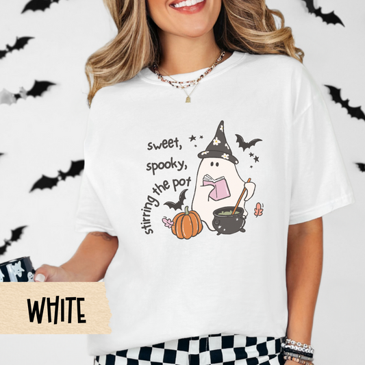 Witchy Ghost Halloween Shirt, Comfort Colors Tee for Women, Sweet Spooky Stirring the Pot, Cute Fall Graphic Tee, Girly Halloween Outfit