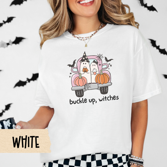 Cute Halloween Comfort Colors Tee, Spooky Fall Shirt for Women, Ghost Car Graphic Tee, Pink Witch Aesthetic, Pumpkin Patch Outfit Idea