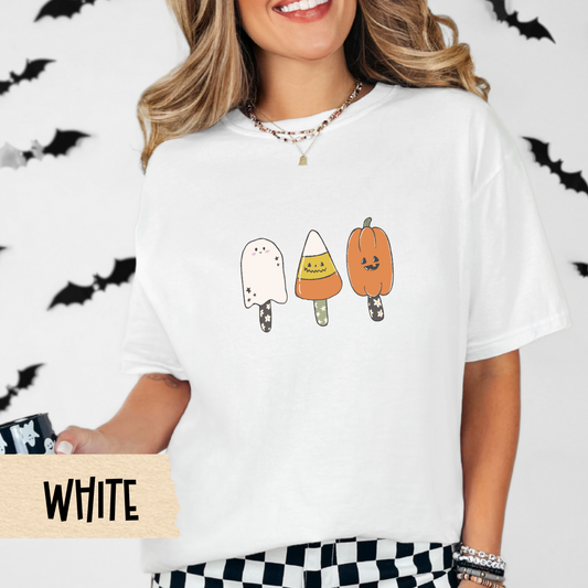 Cute Halloween Graphic Tee for Women, Comfort Colors Fall Shirt, Kawaii Ghost Candy Corn Pumpkin Design, Spooky Sweet Aesthetic Top