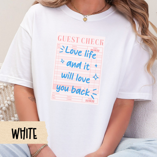Love Life Shirt, Comfort Colors Guest Check Tee, Blue Aesthetic Quote T-Shirt, Soft Girl Retro Style Top, Positive Energy Graphic Tee