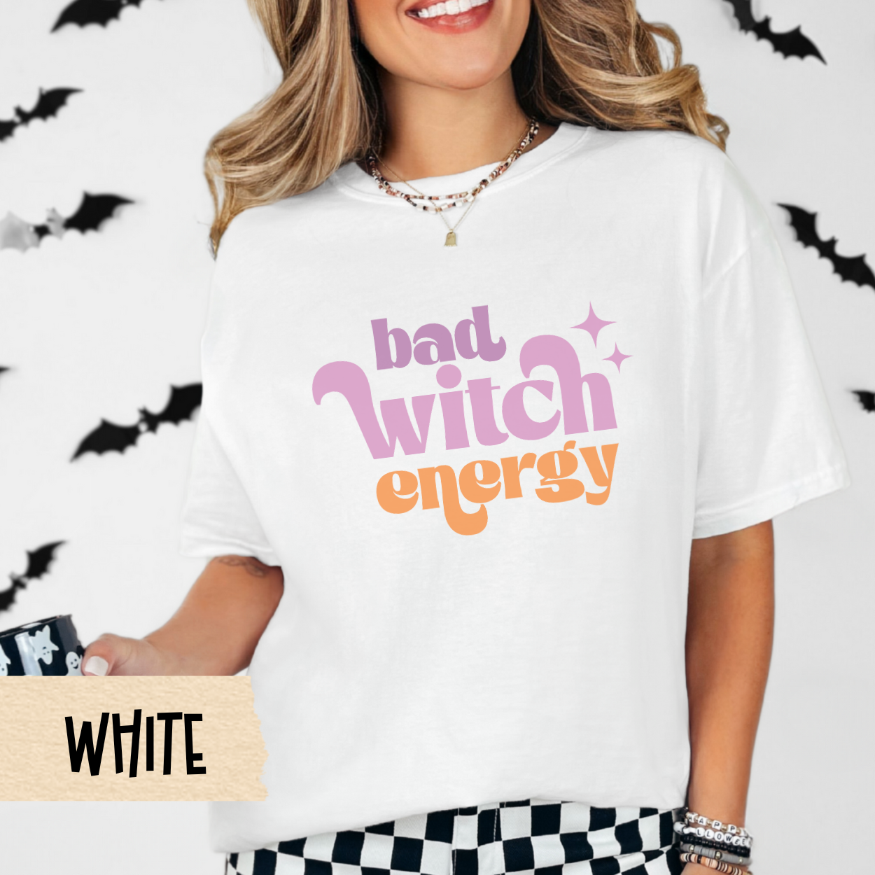 Bad Witch Energy Shirt, Cute Halloween Graphic Tee for Women, Retro Spooky Season T-Shirt, Witchy Fall Aesthetic, Funny Girl Power Shirt