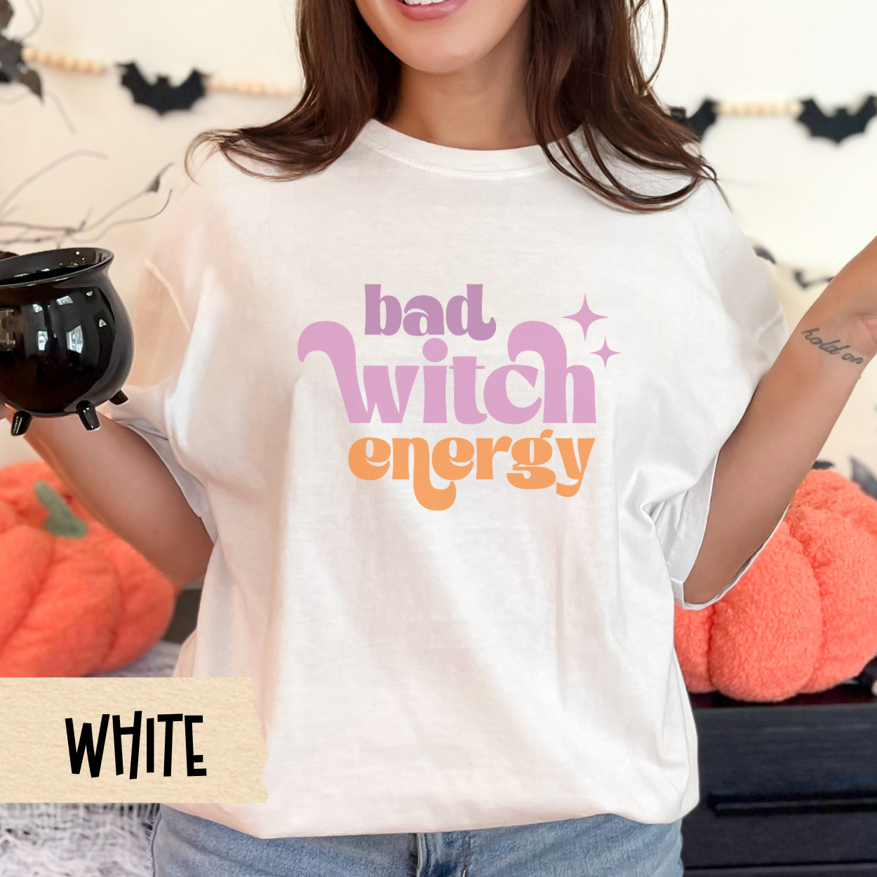 Bad Witch Energy Shirt, Cute Halloween Graphic Tee for Women, Retro Spooky Season T-Shirt, Witchy Fall Aesthetic, Funny Girl Power Shirt