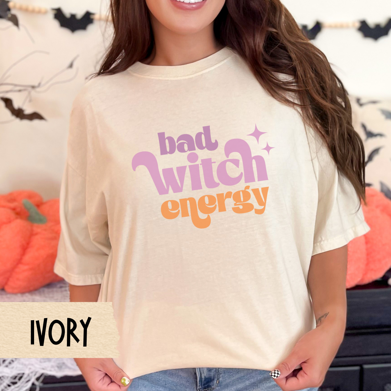 Bad Witch Energy Shirt, Cute Halloween Graphic Tee for Women, Retro Spooky Season T-Shirt, Witchy Fall Aesthetic, Funny Girl Power Shirt