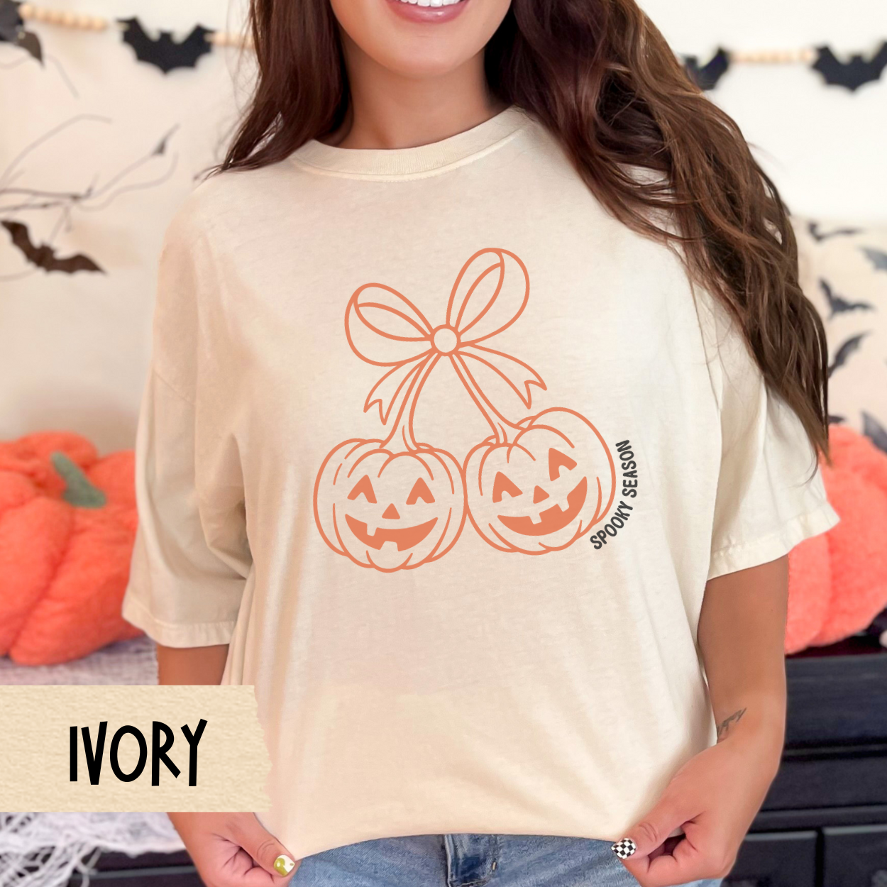 Spooky Season Pumpkin Shirt, Cute Halloween Graphic Tee for Women, Fall Aesthetic Jack-O'-Lantern Shirt, Girly Ghost Season Outfit
